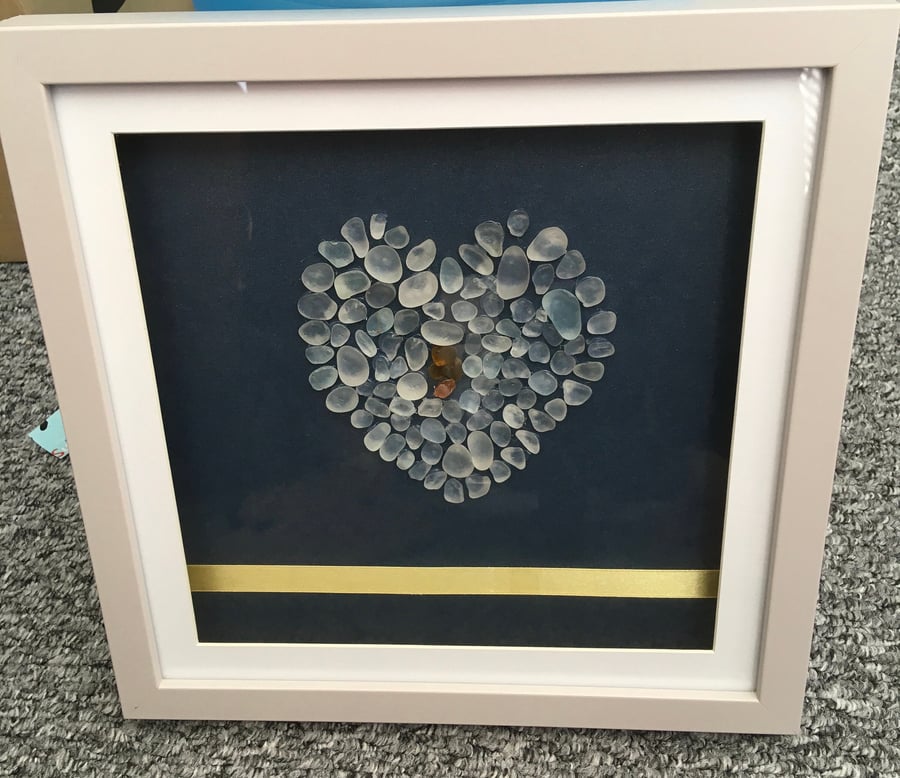 Seaglass Heart Frame, heart for a loved one, romantic gift,grey and navy picture