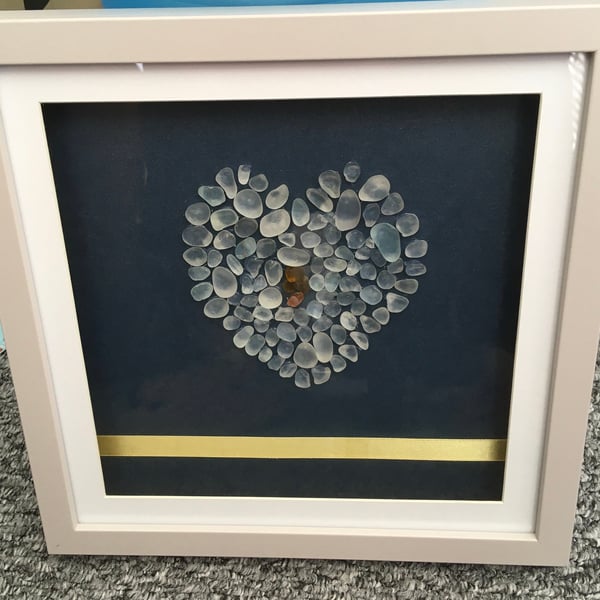 Seaglass Heart Frame, heart for a loved one, romantic gift,grey and navy picture