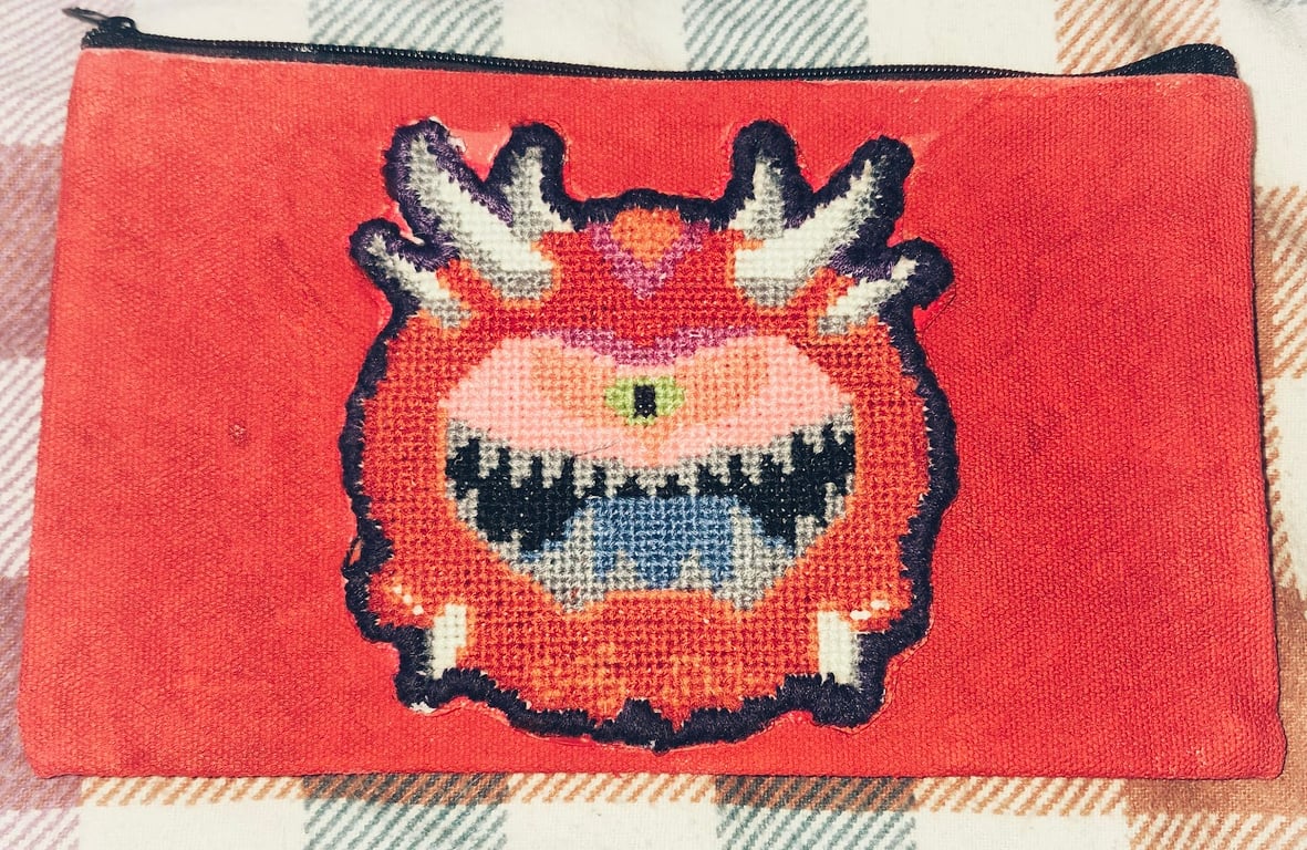 Handmade Retro Game Inspired Cross Stitch Pencil Case - Pixel Monster Design 