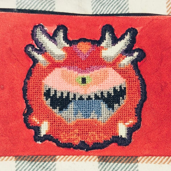 Handmade Retro Game Inspired Cross Stitch Pencil Case - Pixel Monster Design 