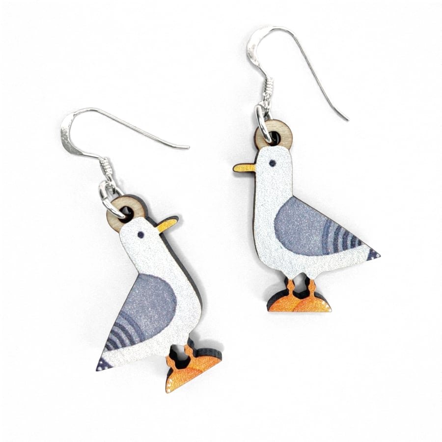 Seagull Earrings. Handmade Dangly Wooden and Sterling Silver Seaside Jewellery.