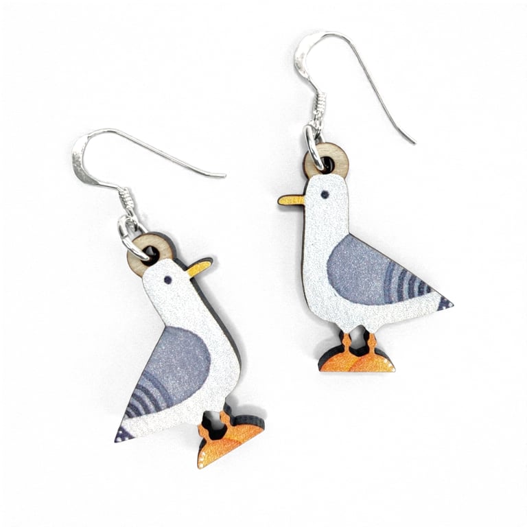 Seagull Earrings. Handmade Dangly Wooden and Sterling Silver Seaside Jewellery.