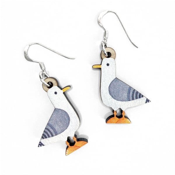 Seagull Earrings. Handmade Dangly Wooden and Sterling Silver Seaside Jewellery.