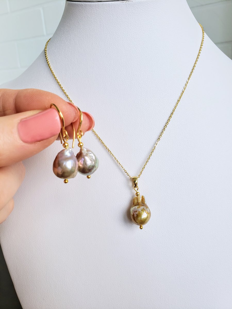 Unique Freshwater Pearl Set 18K Gold Plated Set Earrings Necklace Gift for Her