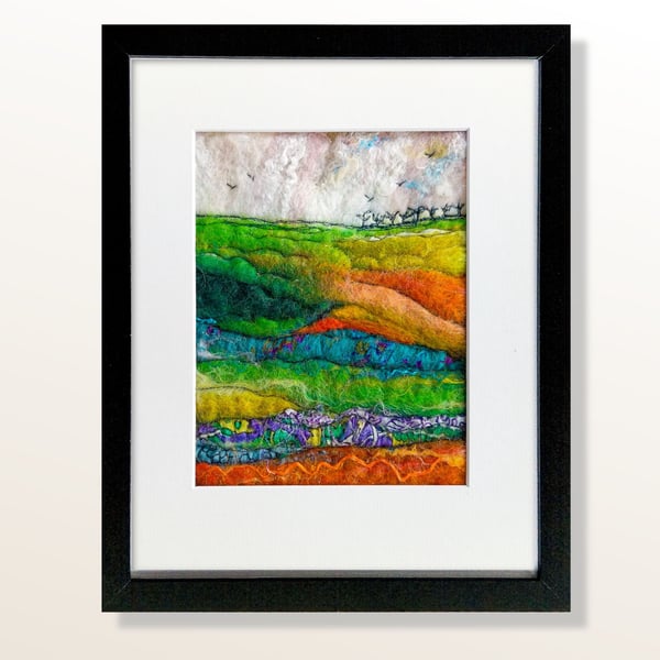 Felt and stitch landscape, Over the fells to home, original wall art