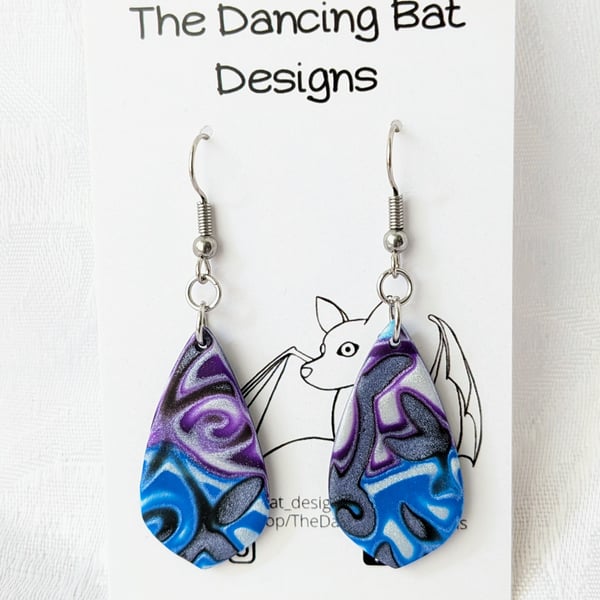 Purple Silver and White Teardrop Shape Earrings with Marbled Swirl, Polymer Clay