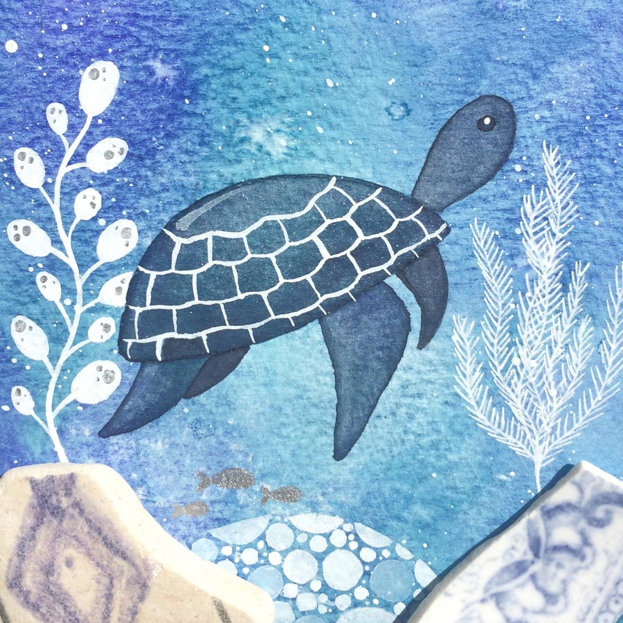 Turtle Underwater Sea Painting - Original Framed Watercolour & Beach Pottery