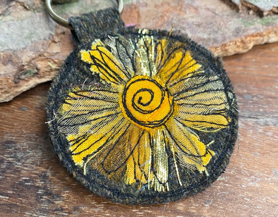 Up-cycled sun plaid key ring or bag charm. 