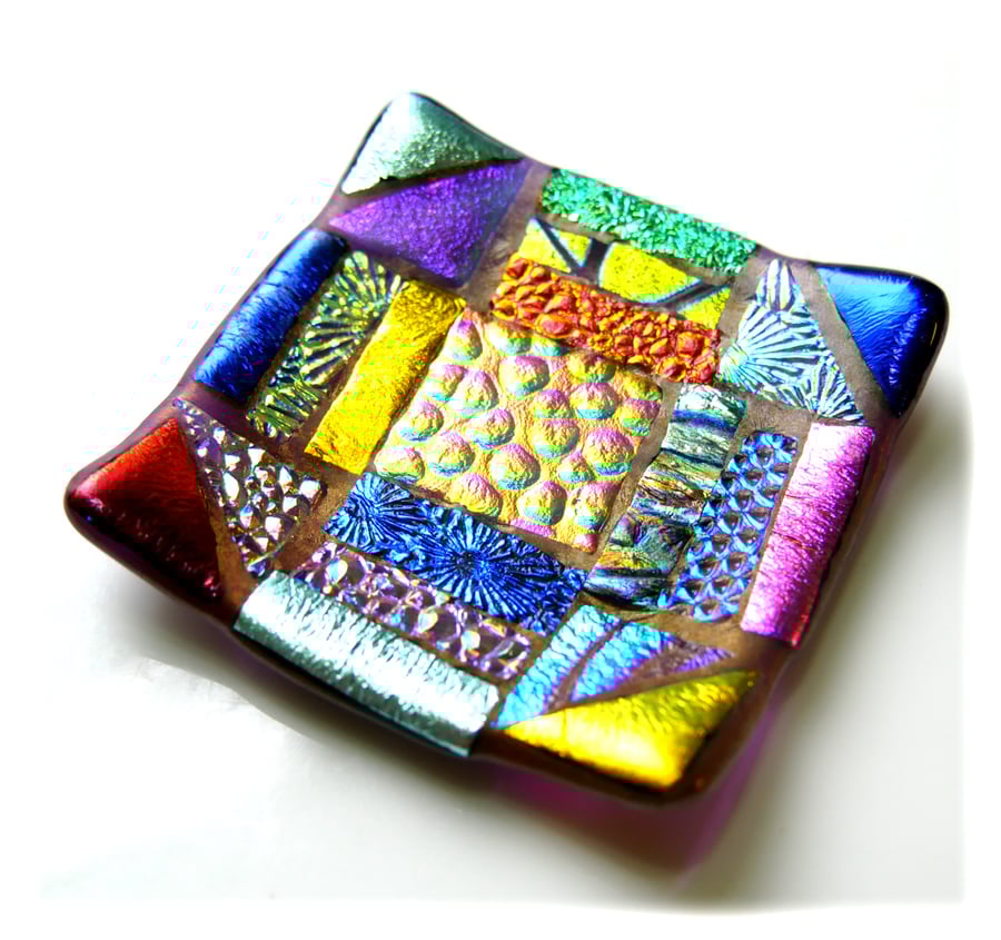 Patchwork Dichroic Treasure Fused Glass Trinket Dish 013 8cm 