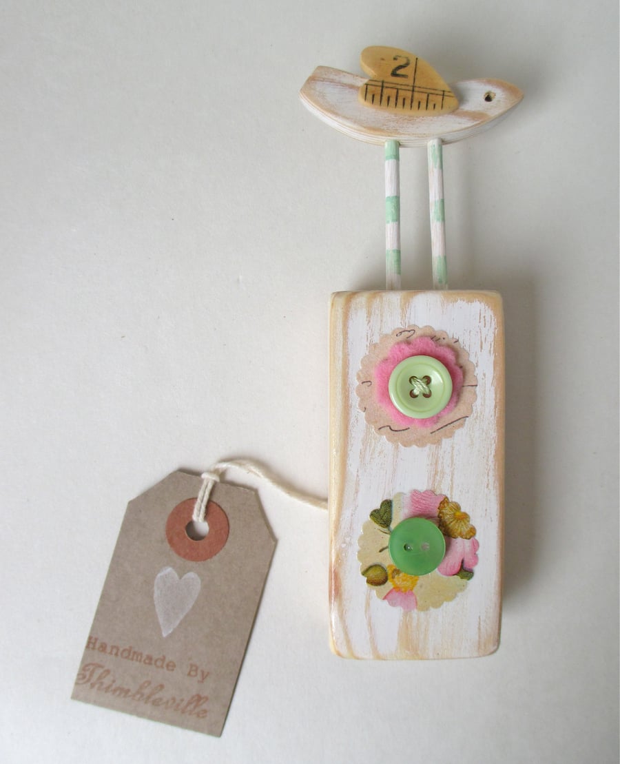 Wooden Bird Hanging with Button Flowers