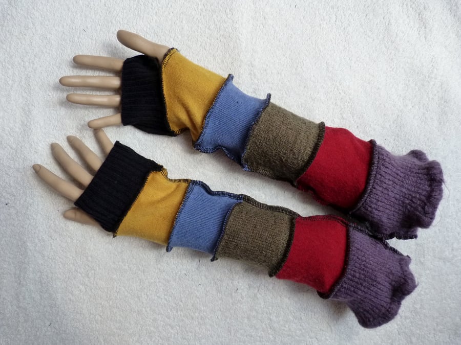 Upcycled Sweater Fingerless Gloves In Red Yellow and Blue. Mixed Fibres