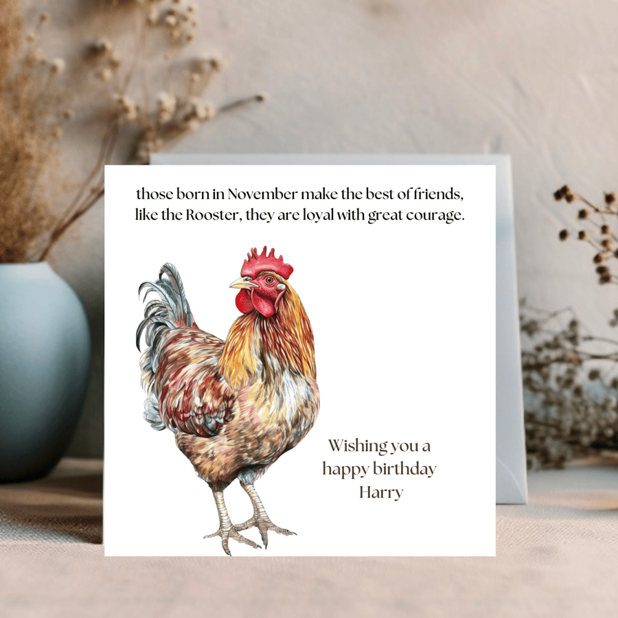 Rooster Watercolour printed greetings card for an November Birthday