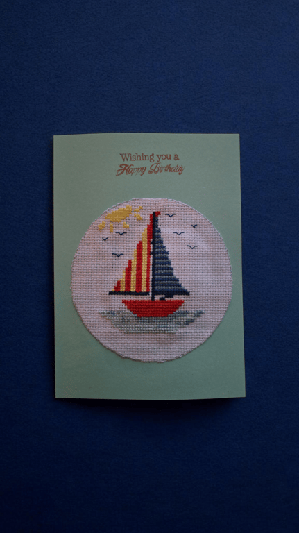 cross stitched  boat birthday card