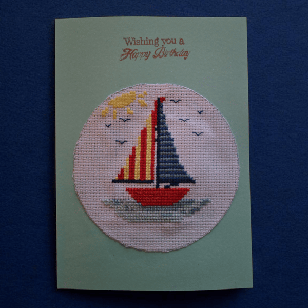 cross stitched  boat birthday card