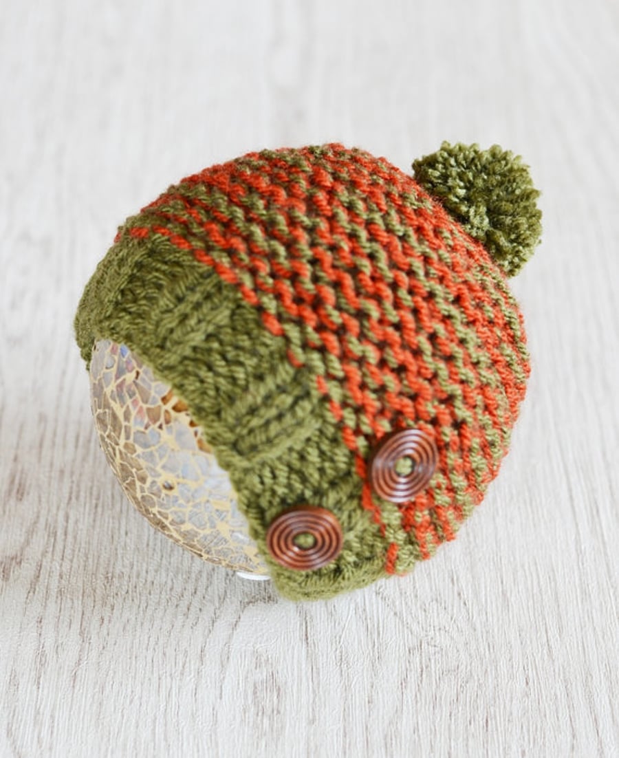 Baby Hat, Boys Beanie Hat, Newborn hat, Chunky Knit, Hat, Rust and Khaki
