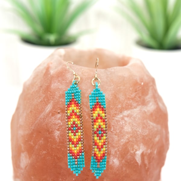 Native American Style Beaded Earrings in Rainbow Colours with Gold-Filled Wires