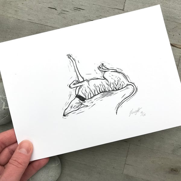 Lurcher print 'Lazy Days' original lino cut by artist Beth Knight.