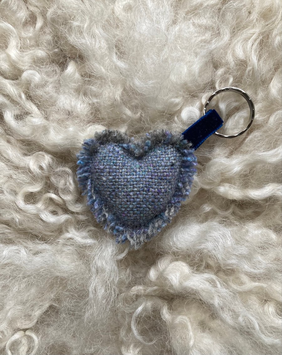 Heart Keyring - Blue Donegal tweed wool