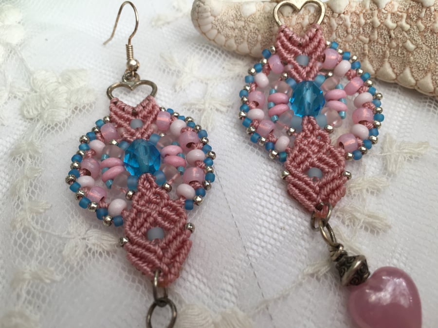 Dangle drop pink macrame woven earrings