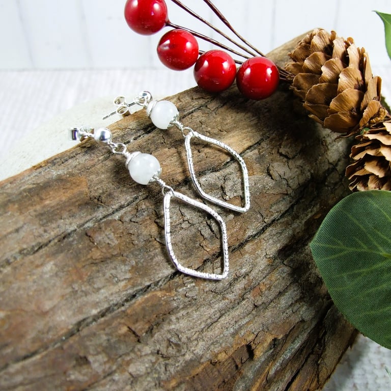 Earrings, Sterling Silver Petal and Moonstone Gemstone Stud Droppers