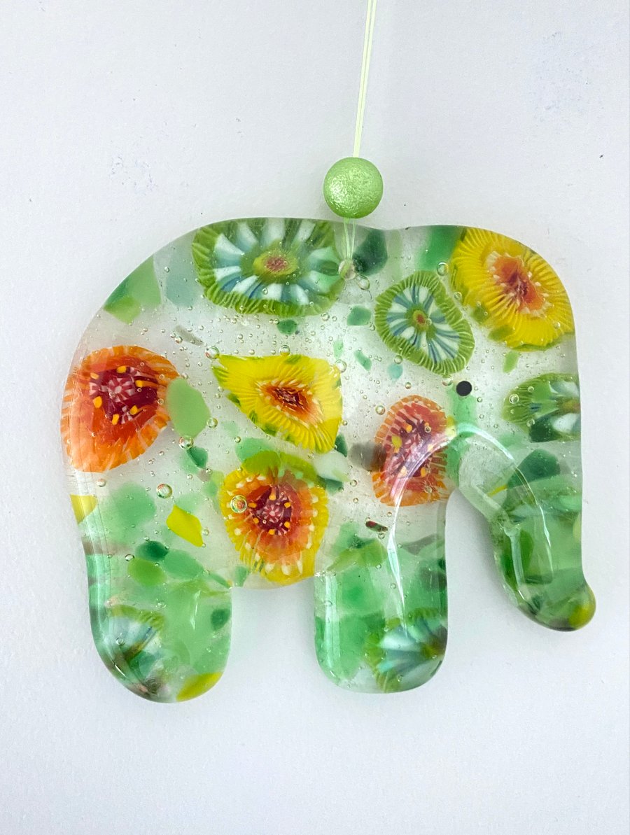 Fused glass hanging elephant decoration - with murrini   glass 