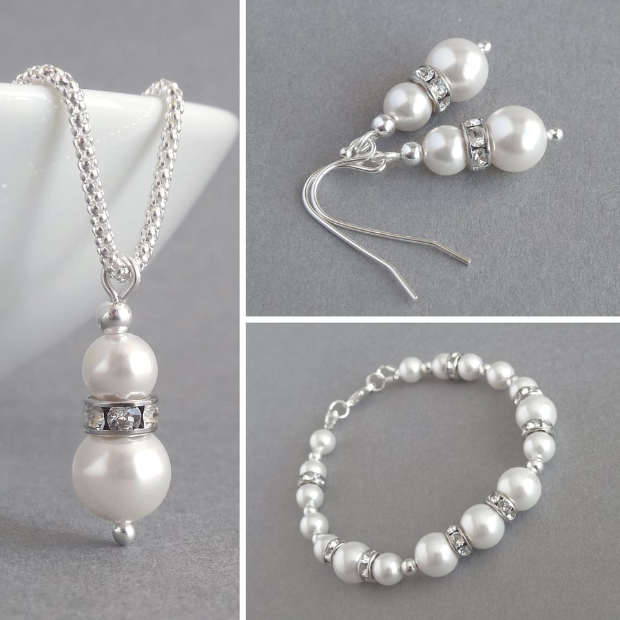 White Pearl and Crystal Jewellery Set - Teardrop Necklace, Bracelet and Earrings