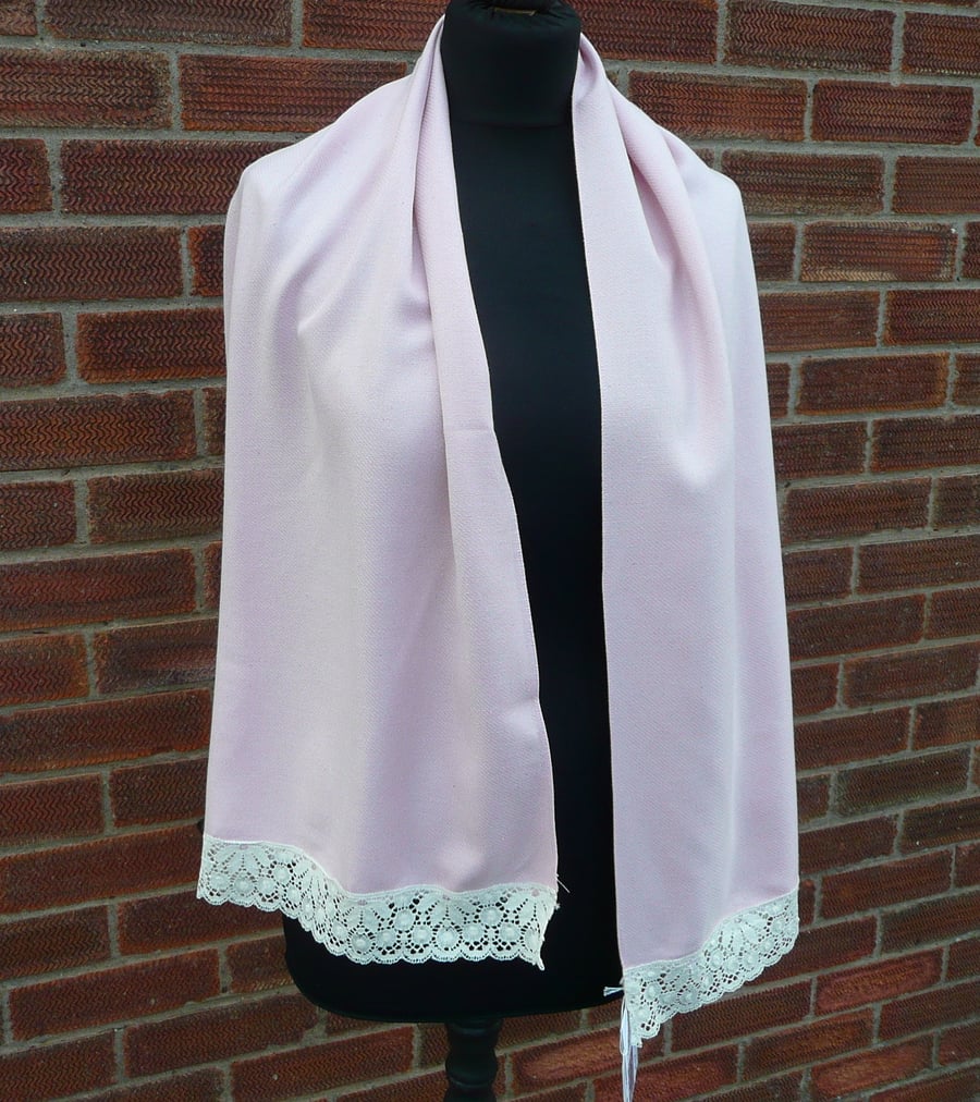 Scarf, wool twill pink scarf, lace edge scarf, ladies scarf, pink wrap