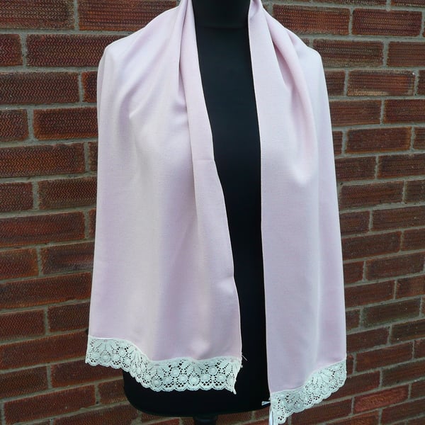 Scarf, wool twill pink scarf, lace edge scarf, ladies scarf, pink wrap