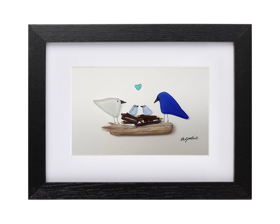 Nesting Bird Family - Sea Glass Picture - Framed Unique Handmade Art