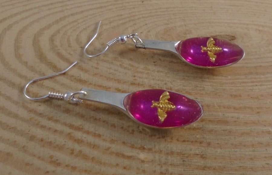 Upcycled Silver Plated Pink Bee Sugar Tong Spoon Earrings SPE052007