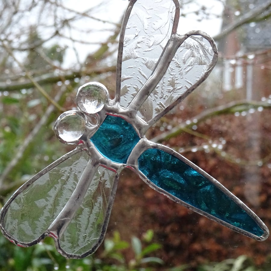 Stained Glass Small Dragonfly Suncatcher - Handmade Decoration - Turquoise