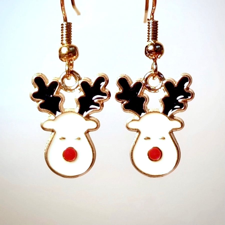 Christmas Reindeer Enamel Charm Earrings on Gold Plated Wires - Free UK Delivery