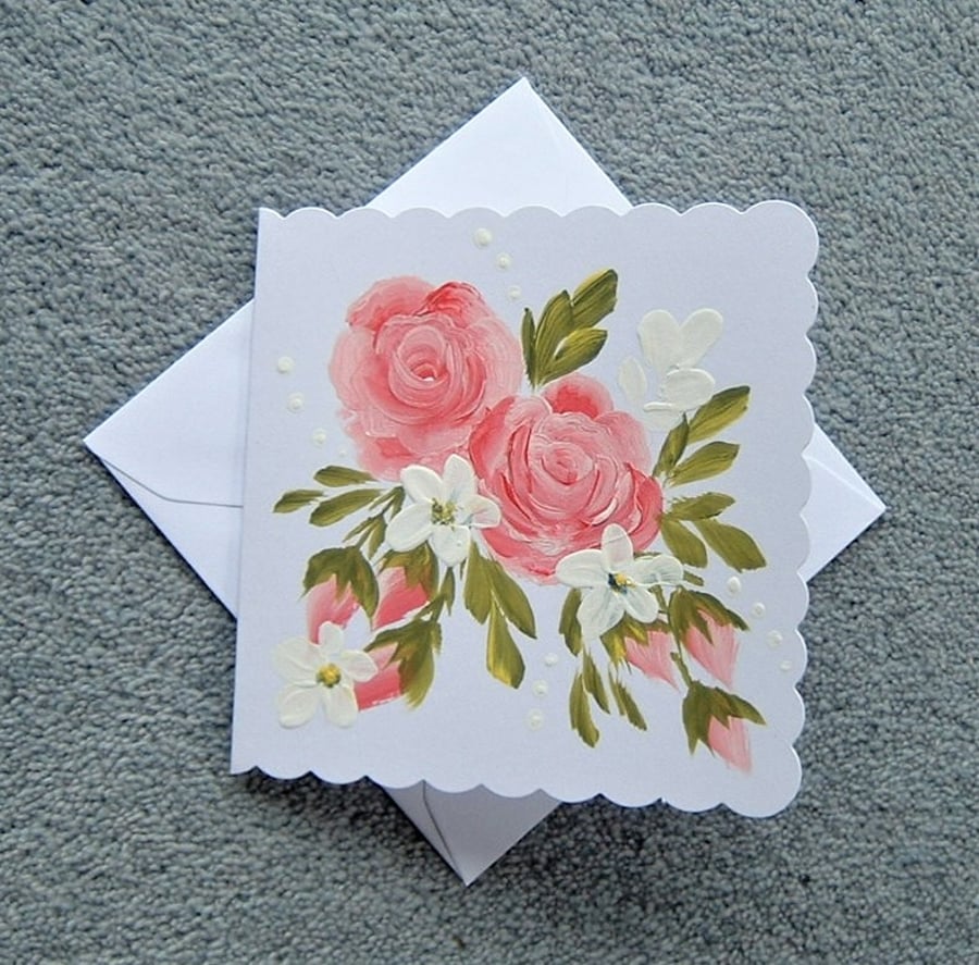 pink roses hand painted blank greetings card ( ... - Folksy