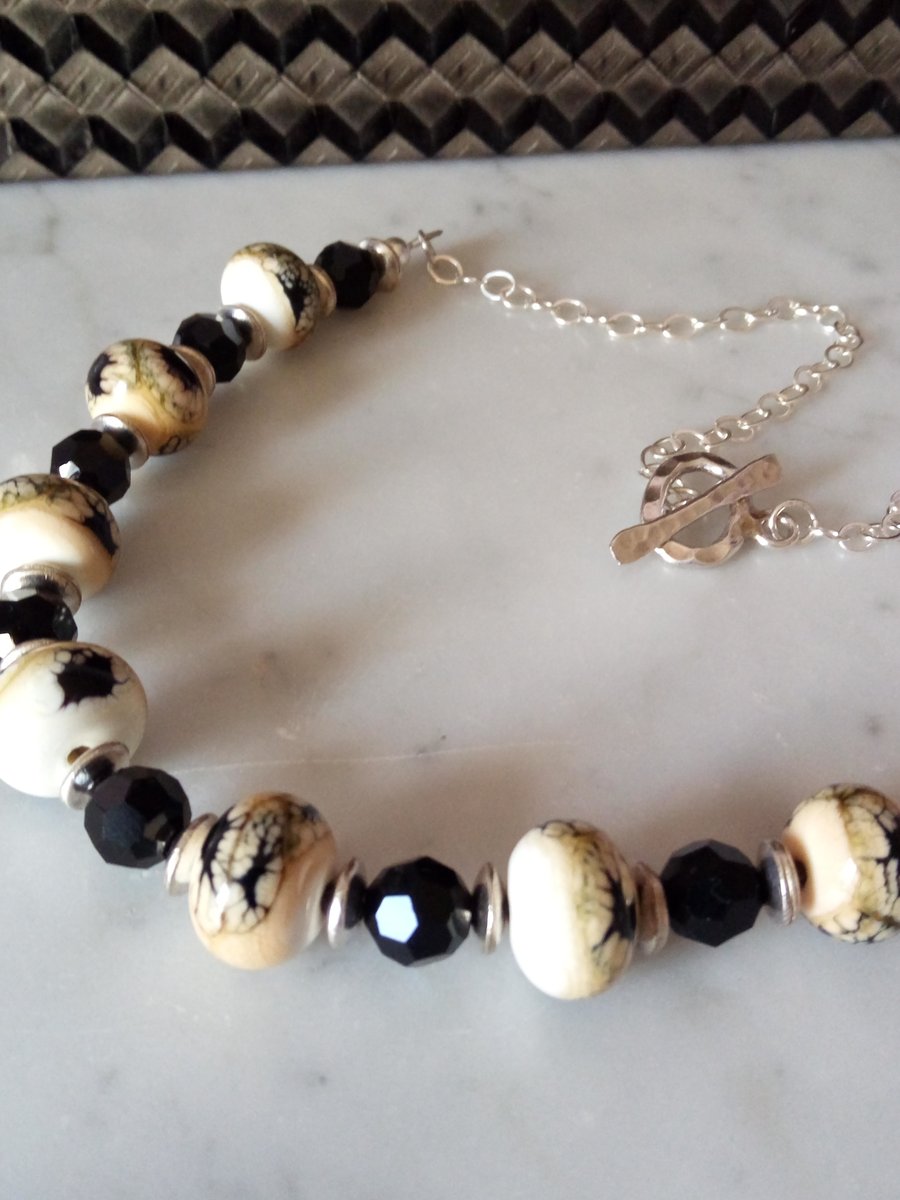 LAMPWORK AND SWAROVSKI NECKLACE   - BLACK AND WHITE NECKLACE - FREE UK POSTAGE  