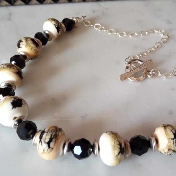 LAMPWORK AND SWAROVSKI NECKLACE   - BLACK AND WHITE NECKLACE - FREE UK POSTAGE  