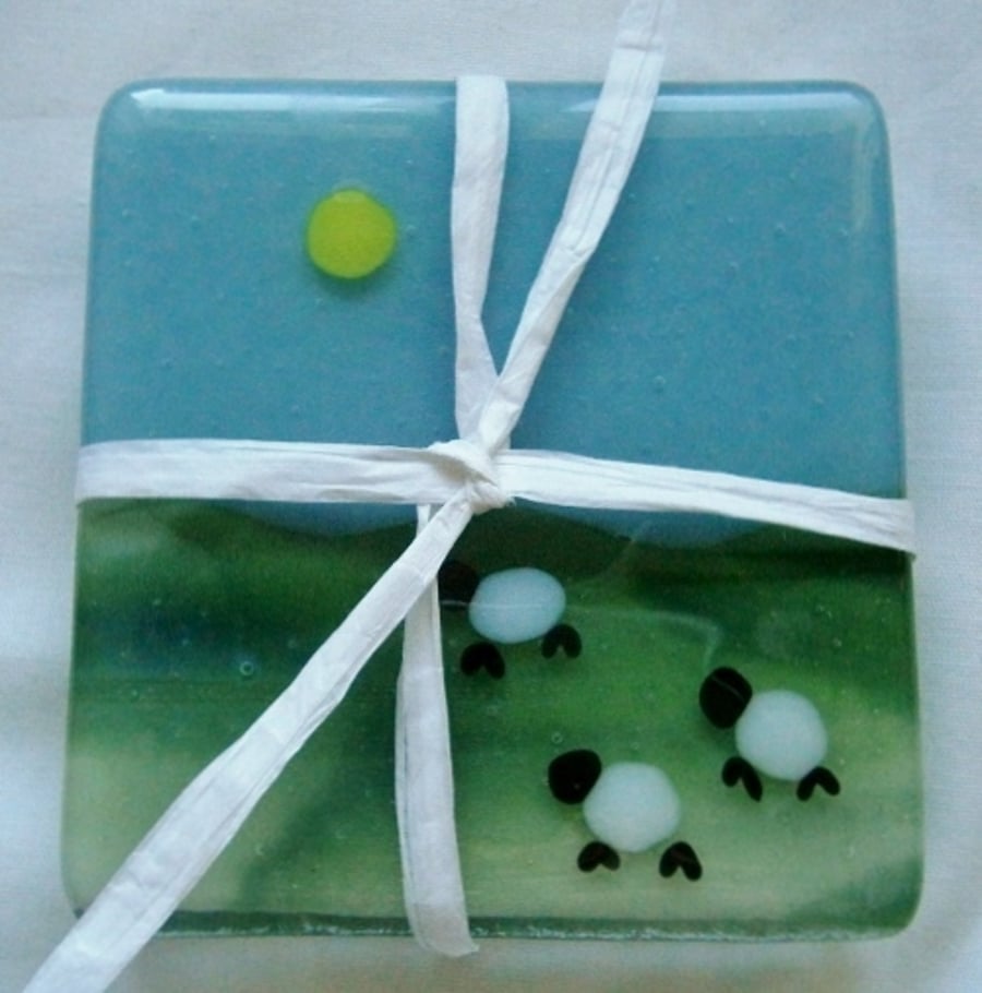 Handmade fused glass Sheepy coasters