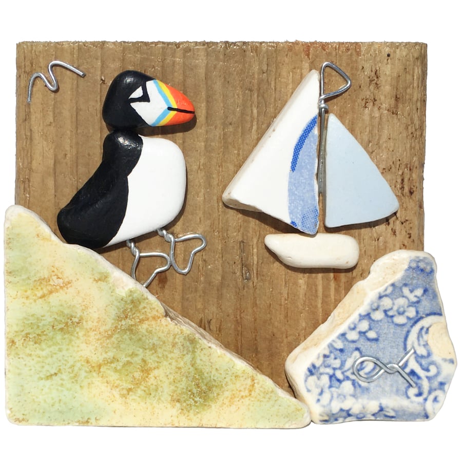 Handmade Puffin & Boat on Driftwood - Beach Pottery Pebble Art Wooden Ornament