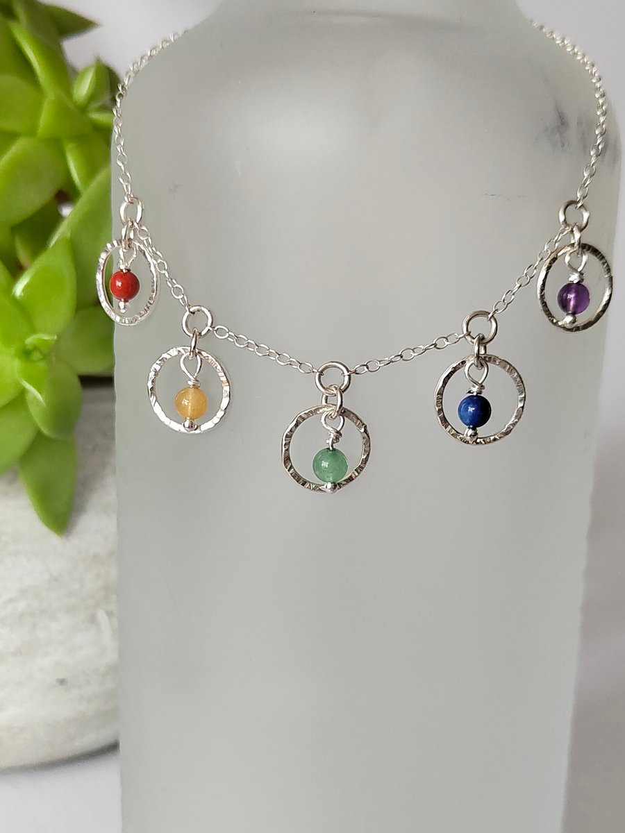 Sterling Silver Hammered Circles Necklace Choker with a Rainbow of Gemstones