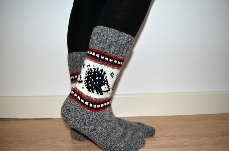 READY TO SHIP Wool Socks Hedgehog Winter Christmas Grey White Black Red