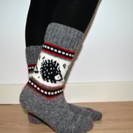 READY TO SHIP Wool Socks Hedgehog Winter Christmas Grey White Black Red