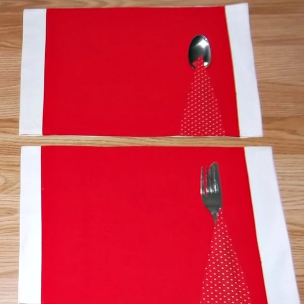 Pair Red & White Table place mats with cutlery pocket