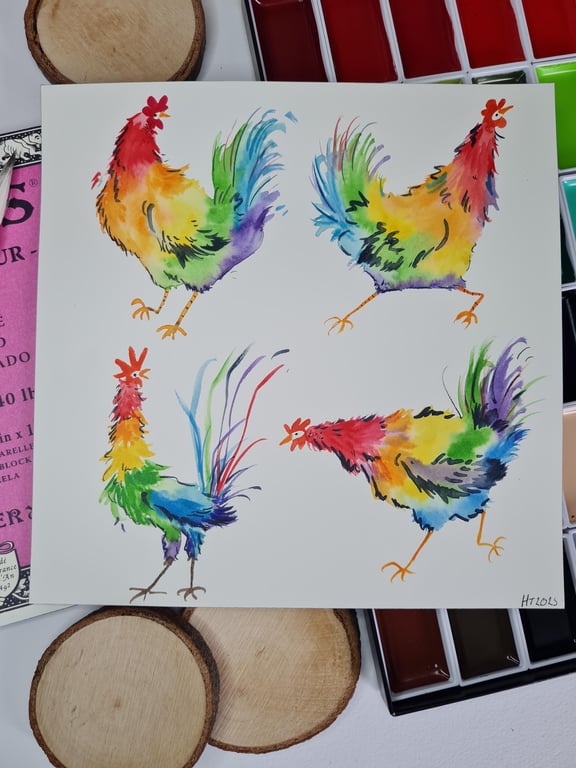 Original hand painted watercolour funny rainbow pride chicken art