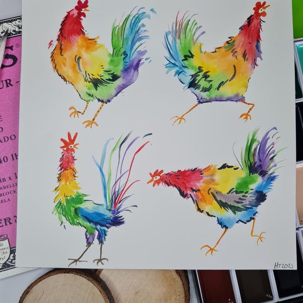Original hand painted watercolour funny rainbow pride chicken art
