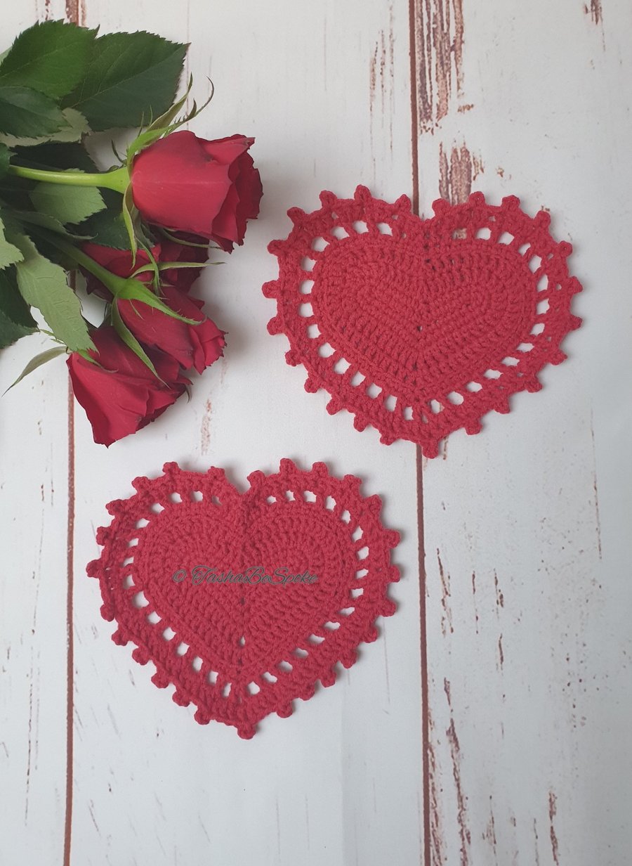 Red crochet heart doily Drink coaster Valentines day gift Gift for sweetheart 