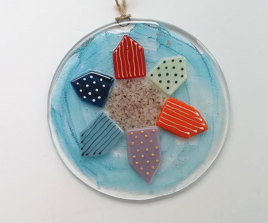 Fused Glass Beach Hut Wall Art: Bubbled Glass Decoration