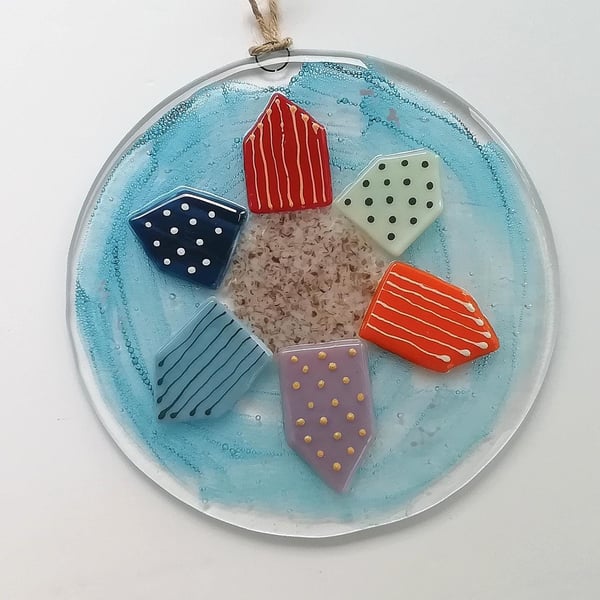 Fused Glass Beach Hut Wall Art: Bubbled Glass Decoration