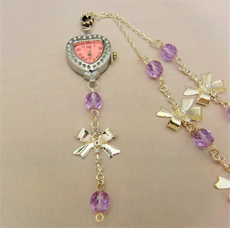 Heart Shaped Fob Watch on a Long Line Chain wit Folksy