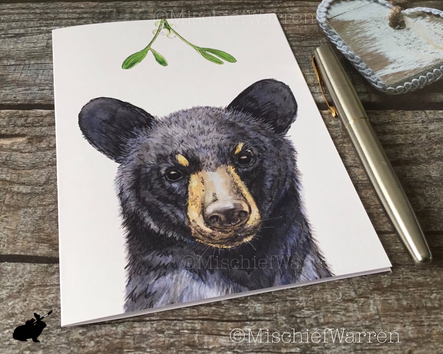 Bear Christmas Card. Black Bear Cub handmade Christmas card.