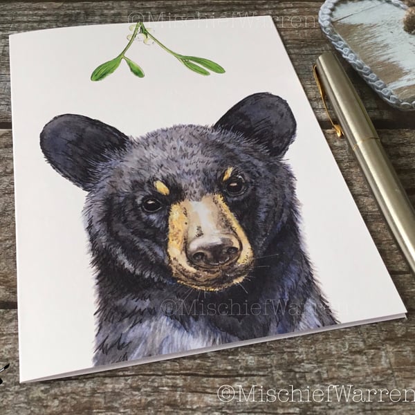 Bear Christmas Card. Black Bear Cub handmade Christmas card.