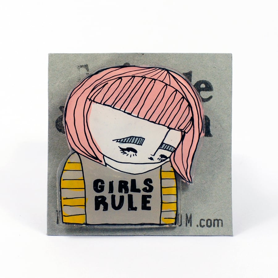 'Girls rule' Illustrated brooch